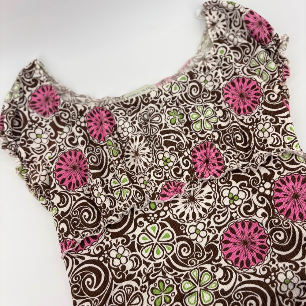 Bamboo Traders Women's XL Brown Pink Floral Tie Waist Peplum Blouse‎ Lizzie Y2K